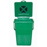 Green compost bin with open lid on a white background