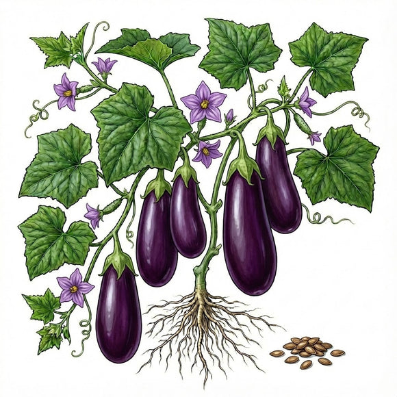 Illustration of an eggplant plant with fruits, leaves, and seeds on a white background EGGPLANT Seeds, Black Beauty