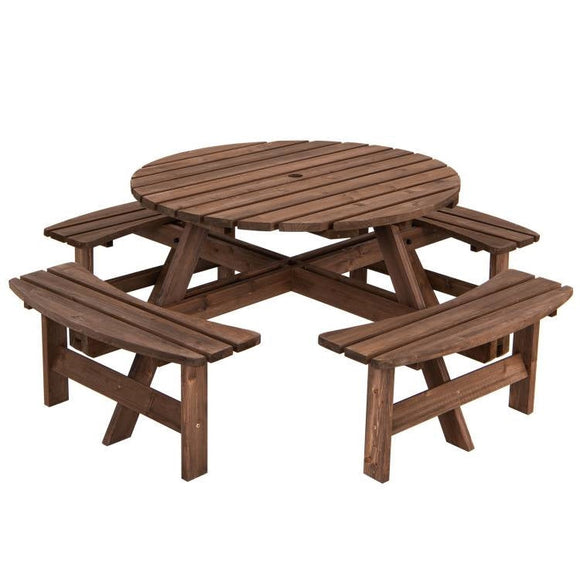 Espresso Wooden 8 Seater Picnic Table Umbrella Hole - FREE SHIPPING
