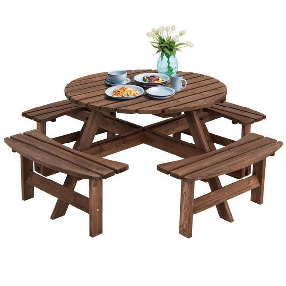 8-Set Outdoor Solid Wood Round Picnic Table with 4 Benches Patio Garden Dining Set - FREE SHIPPING