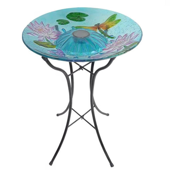 Outdoor Glass Bowl Bird Bath with Black Metal Stand and Solar Powered Light - FREE SHIPPING