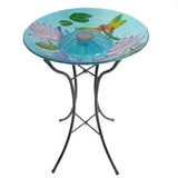 Outdoor Glass Bowl Bird Bath with Black Metal Stand and Solar Powered Light - FREE SHIPPING