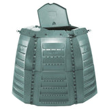 Green plastic compost bin with open lid on a white background