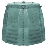 Green plastic compost bin with hinged lid on a white background