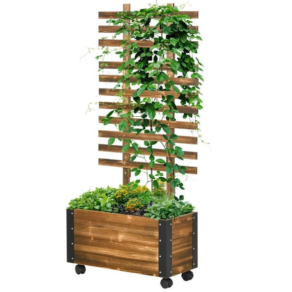 Farmhouse Rustic Wooden Raised Garden Bed Planter with Trellis on Wheels - FREE SHIPPING