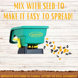 Green seed spreader with text on a wooden background
