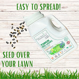Lawn seed kit container with seeds on a wooden surface, promoting easy spreading.