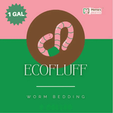 Ecofluff worm bedding packaging with a pink worm illustration on a green and pink background.