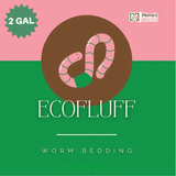 Ecofluff worm bedding packaging with a pink worm illustration on a green and pink background.