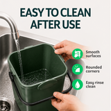 Green bucket being rinsed under a faucet with text indicating ease of cleaning.