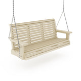 Traditional Porch Swing Beige wooden swing with chains on a white background