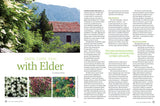 Magazine spread with garden scene, building, and text about elder plants.
