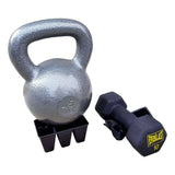 Silver kettlebell and black dumbbell on 6 Cell Plug Tray Inserts