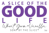 Logo for 'A Slice of the Good Life' soap with purple and white text on a black background.