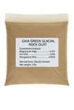 Bag of Gaia Green Glacial Rock Dust with guaranteed analysis label on a white background