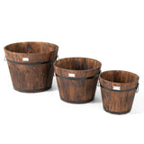 Set of 3 Outdoor Wooden Barrel Planter Pots with Handles 11.5, 15, and 18 inch - FREE SHIPPING