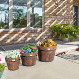 Set of 3 Outdoor Wooden Barrel Planter Pots with Handles 11.5, 15, and 18 inch - FREE SHIPPING