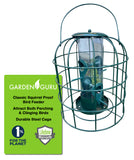Green squirrel proof bird feeder with Garden Guru label on a white background