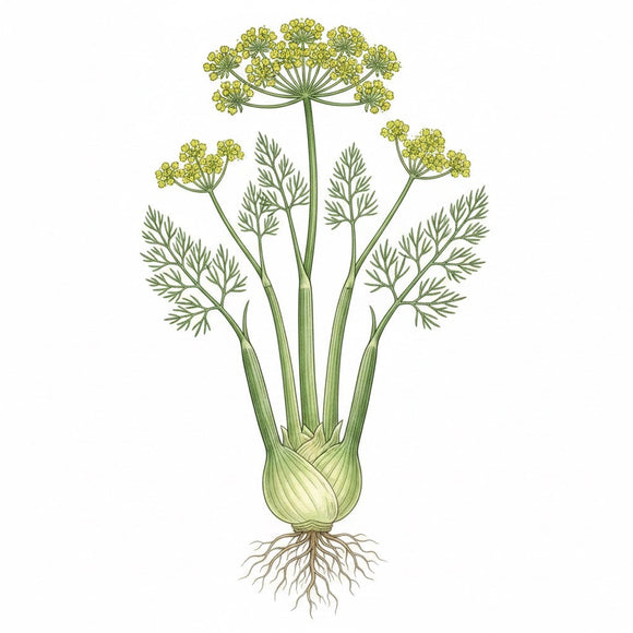 Illustration of a fennel plant with roots on a white background FENNEL Seeds, Sweet