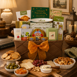 A gourmet gift basket filled with assorted snacks, crackers, popcorn, and tea, styled on a wooden table with cheese, grapes, olives, and pretzels in a warm, cozy dining room setting.