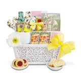 Gift basket with cookies, tea, and books on a white background Planted With Love Cookies & Tea Gift Basket