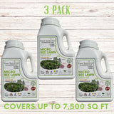 Three bottles of Flawn Seed & Kids Micro Bee Lawn Seed Kit on a wooden surface.