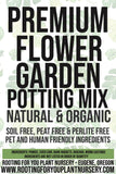 Advertisement for premium flower garden potting mix with text on a light green background.