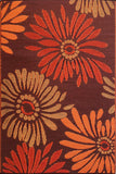 Floral patterned fabric with red and orange flowers on a brown background