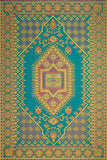 Decorative rug with intricate geometric pattern on a teal background