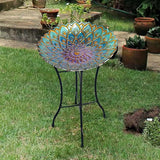 Round 18-inch Peacock Style Glass Mosaic Flower Birdbath with Metal Stand - FREE SHIPPING