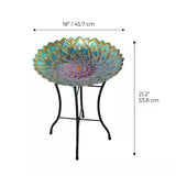Round 18-inch Peacock Style Glass Mosaic Flower Birdbath with Metal Stand - FREE SHIPPING