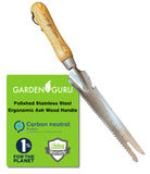 Garden tool with wooden handle and metal blade, featuring Garden Guru branding.