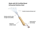 Gardening tool with wooden handle and stainless steel teeth, labeled features on a white background.