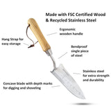 Trowel with wooden handle and stainless steel blade, featuring FSC certified wood and recycled stainless steel, on a white background.