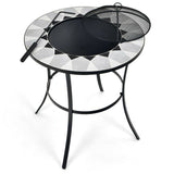 Round metal fire pit table with geometric pattern on a white background