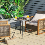 Outdoor patio setting with wicker furniture, table, and plants.