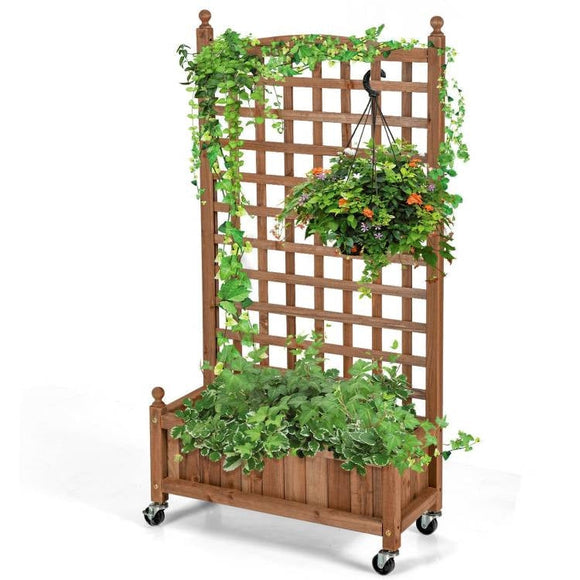 Outdoor Solid Wood Raised Garden Bed Mobile Planter Box with Trellis on Wheels - FREE SHIPPING