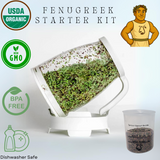 Fenugreek starter kit with organic and non-GMO labels on a white background