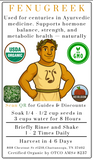 Fenugreek seed packaging with cartoon character, USDA Organic and GMO-free logos, and usage instructions.