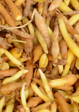 Close-up of a pile of Finger Root ‘Chinese Keys’ (Boesenbergia Rotunda) with a mix of orange and yellow colors.