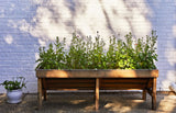 Wooden planter with green plants against a light blue brick wall.