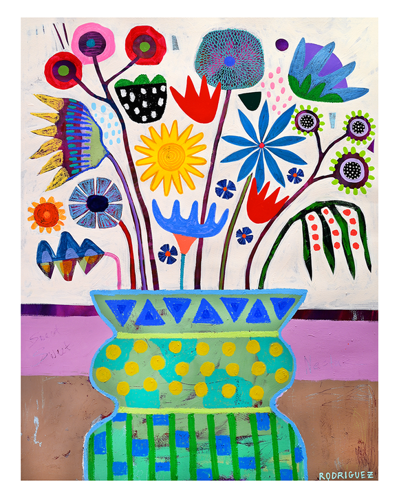 Colorful abstract floral design with a polka dot vase on a beige background FLOWER VASE STUDY 1 PRINT