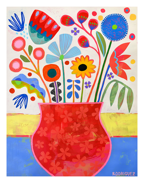 Colorful floral arrangement in a red vase with abstract patterns on a white background FLOWER VASE STUDY 2 PRINT