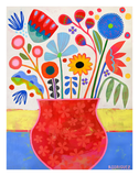 Colorful floral arrangement in a red vase with abstract patterns on a white background FLOWER VASE STUDY 2 PRINT
