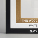 Close-up of a picture frame with color options labeled on a gray background