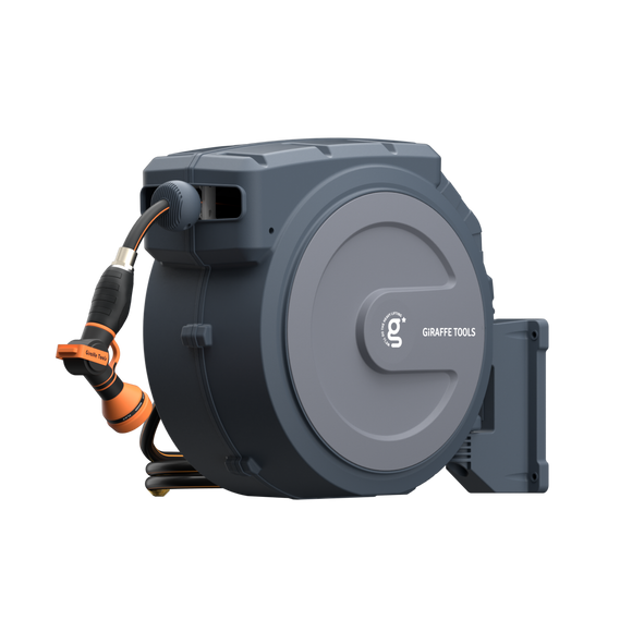 Retractable hose reel with 'Giraffe Tools' branding on a white background