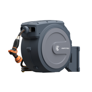 Gray hose reel with orange nozzle on a white background