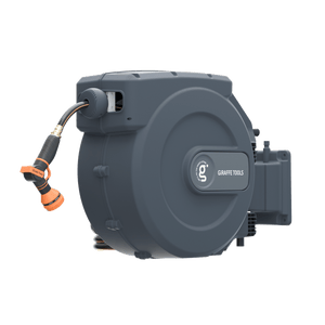Retractable garden hose reel with Graffe Tools logo on a white background