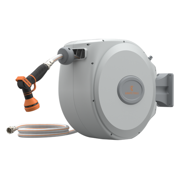 Retractable garden hose reel with a spray nozzle on a white background
