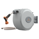 Retractable garden hose reel with hose and nozzle on a white background